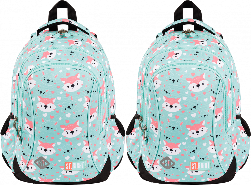 2x Plecak szkolny St.Right BP26 Lovely Foxy, trzykomorowy, 20l, 39x27x17cm, miętowy