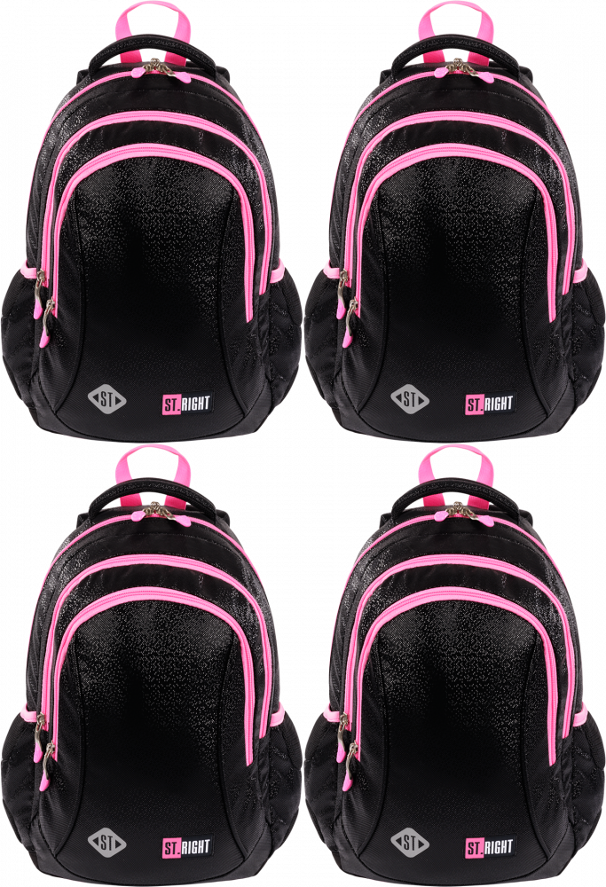 4x Plecak szkolny St.Right BP26 Black Gitter, trzykomorowy, 20l, 39x27x17cm, czarno-różowy