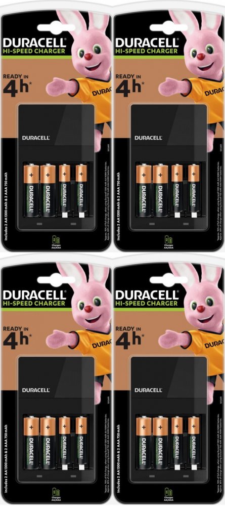 4x Ładowarka Duracell Hi-Speed Charger CEF14 + 2 AA R6 + 2 AAA, 4 kanały, czarny