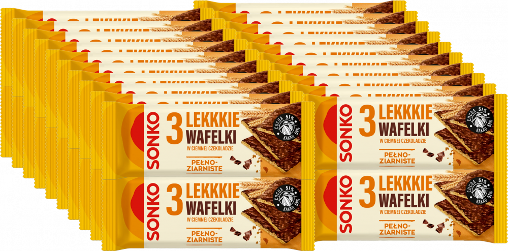 44x Lekkie wafelki Sonko, pełnoziarniste w ciemnej czekoladzie, 3 sztuki, 36g