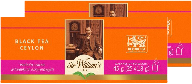 2x Herbata czarna w torebkach Sir William's London Ceylon Black, 25 sztuk x 1.8g