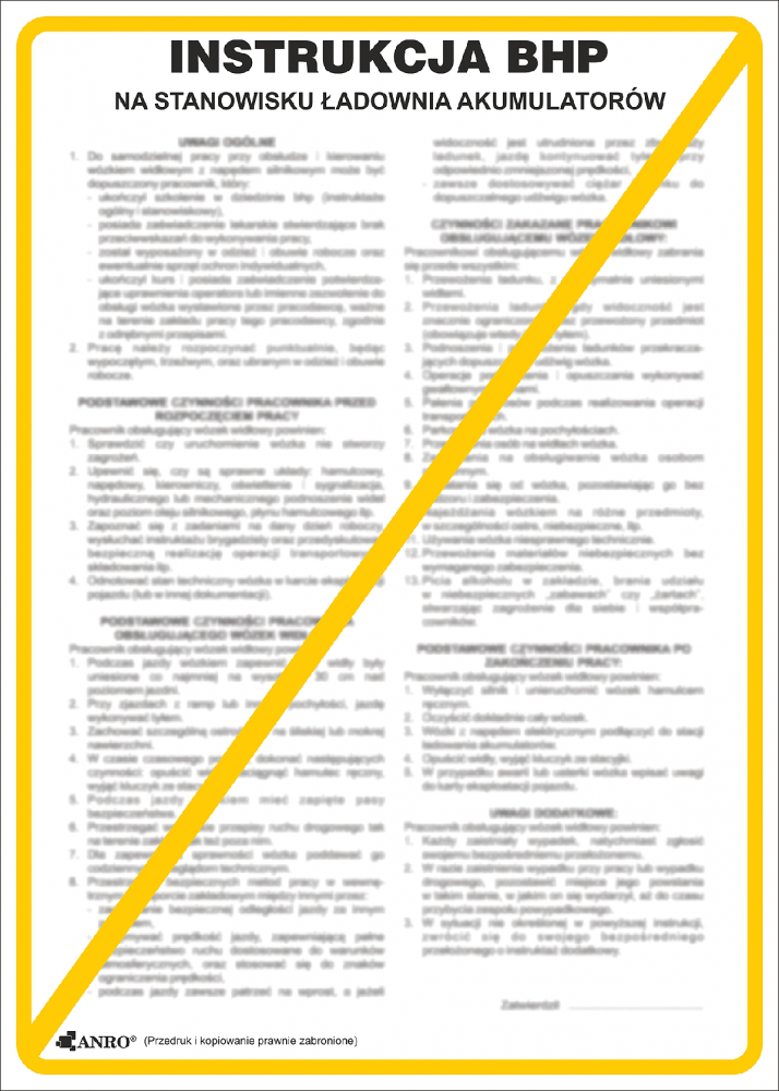 Tabliczka informacyjna Instrukcja BHP przy obsłudze ładowania baterii akumulatorów Anro, 25x35cm