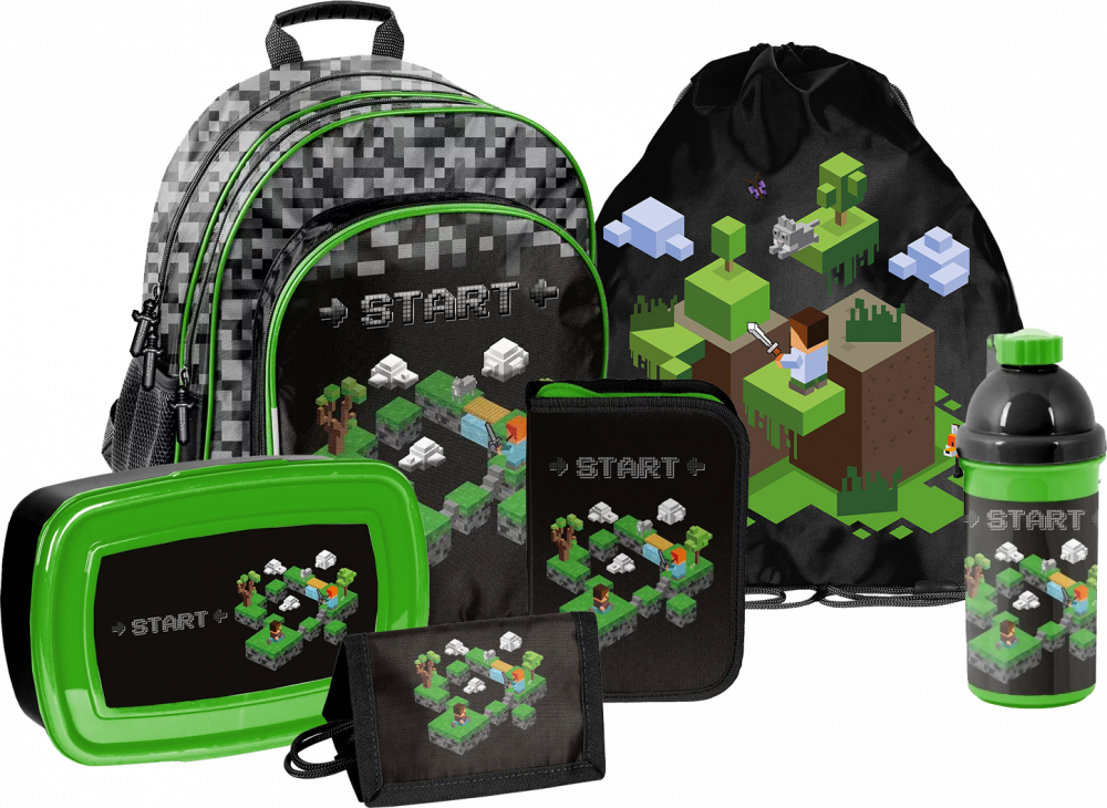Zestaw: Plecak szkolny dwukomorowy + piórnik + worek na buty + portfel + bidon na wodę + lunchbox Paso Minecraft