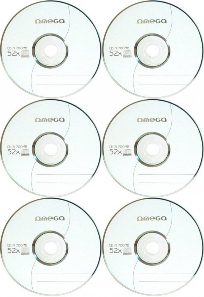 6x Płyta CD-R Omega, do nadruku, do jednokrotnego zapisu, 700 MB, folia, 100 sztuk