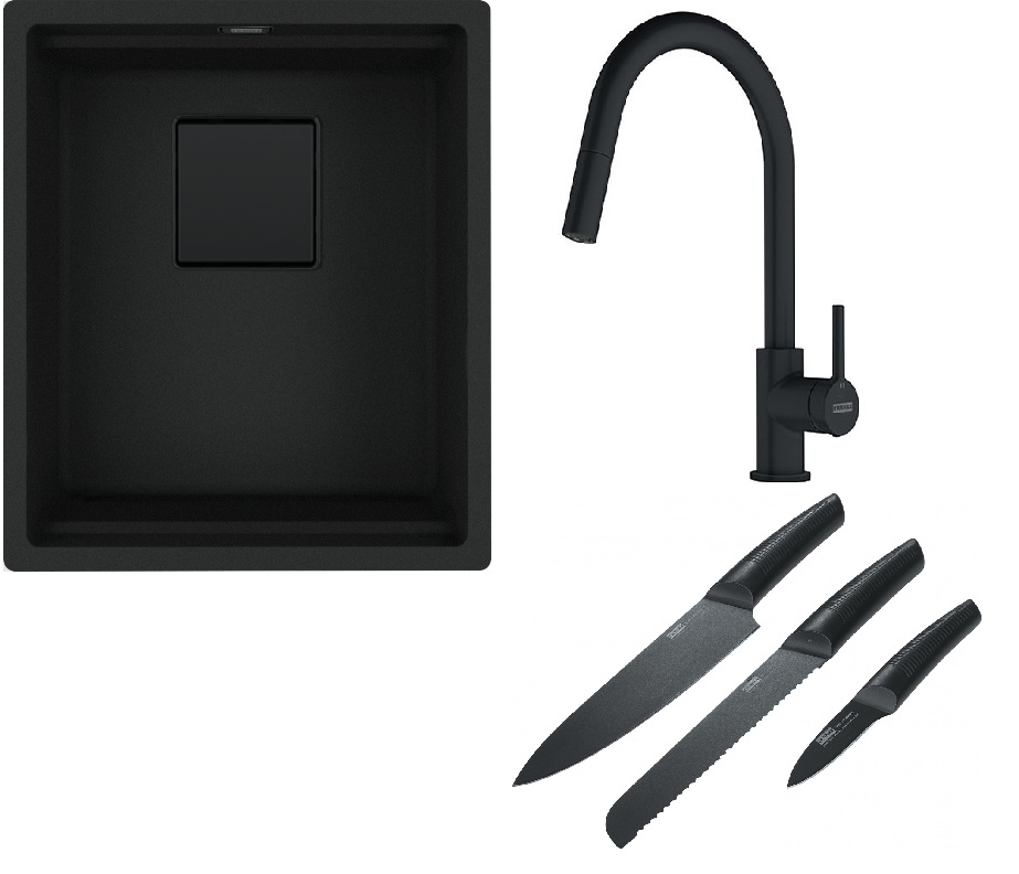 Franke Kanon KNG 110-37 zlewozmywak granitowy 46x41 cm czarny mat z baterią kuchenną Lina Pull-Out czarny mat i zestawem noży kuchennych ...