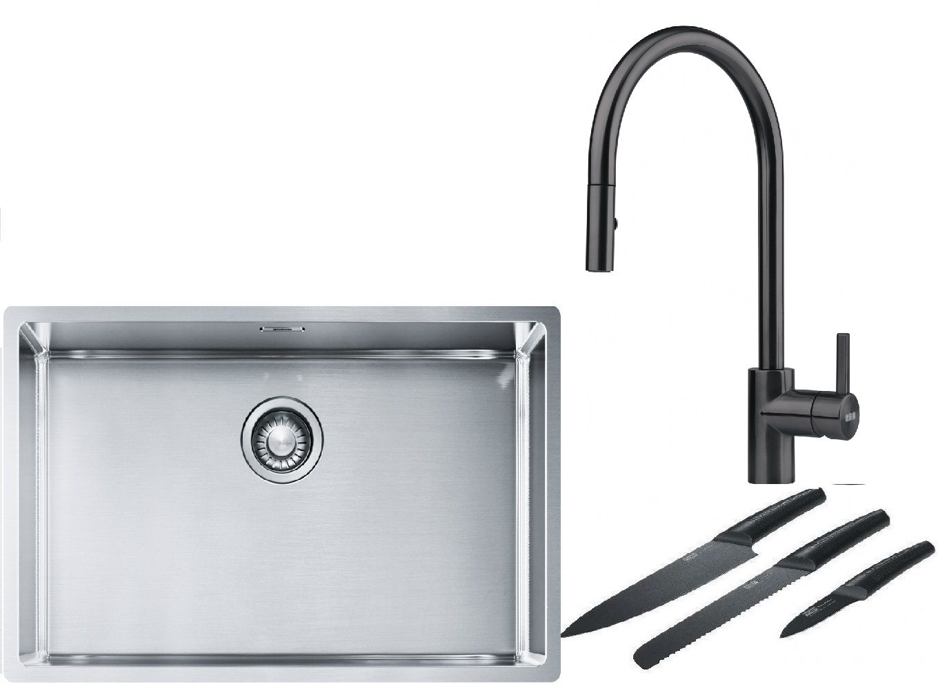 Franke Box BXX 210/110-68 zlewozmywak 72,5x45 cm stalowy z baterią kuchenną Eos czarna stal szlachetna i zestawem noży kuchennych ... - Wysyłka w 24h