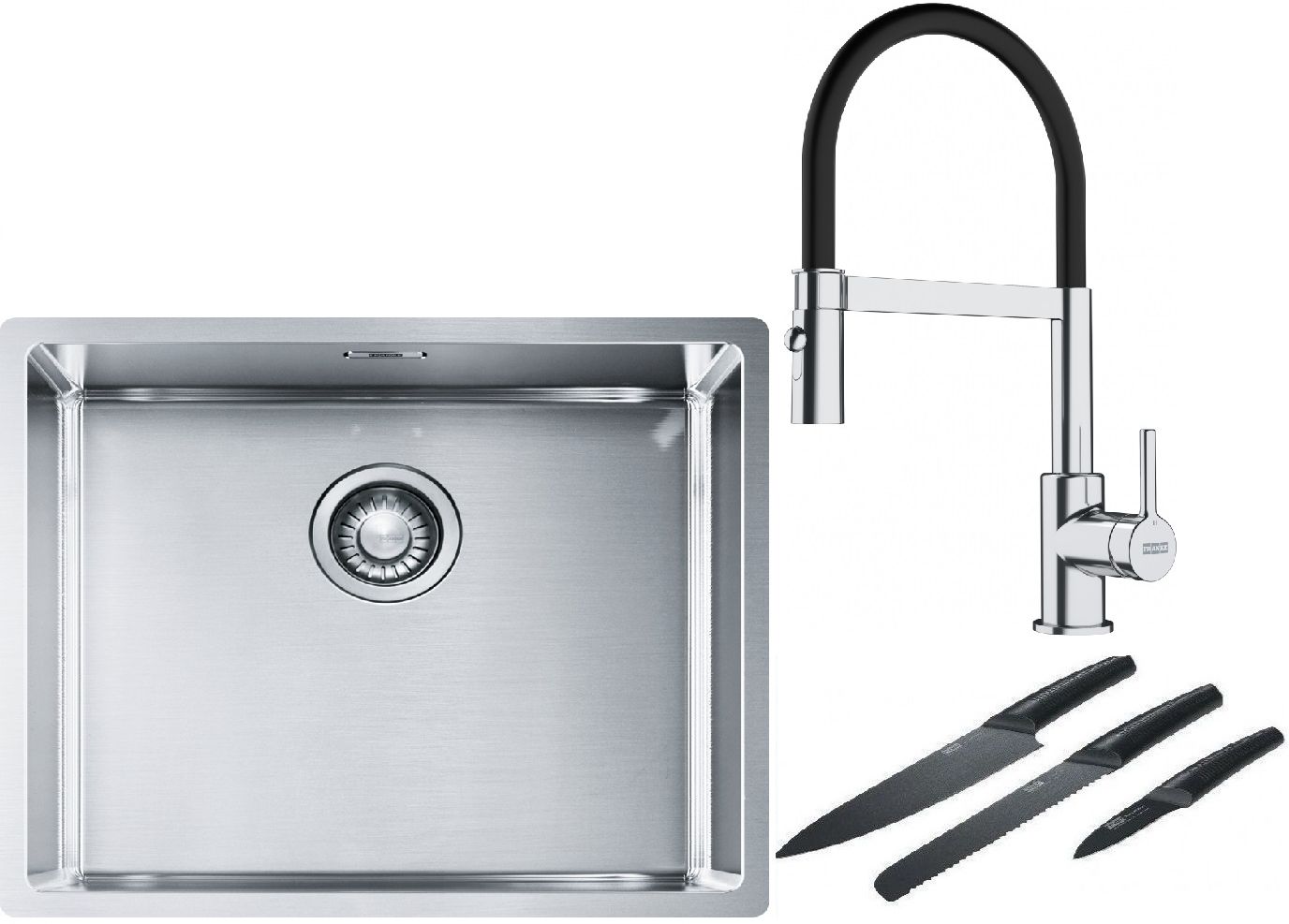 Franke Box BXX 110-50/BXX 210-50 zlewozmywak 54x45 cm stalowy z baterią kuchenną Lina chrom/czarny i zestawem noży kuchennych ... - Wysyłka w 24h