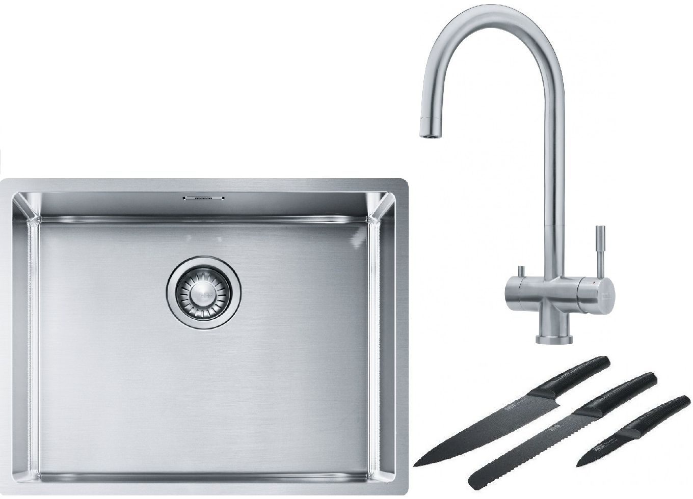 Franke Box BXX 110-54/ BXX 210-54 zlewozmywak 58x45 cm stalowy z baterią kuchenną Eos stal szlachetna i zestawem noży kuchennych ...