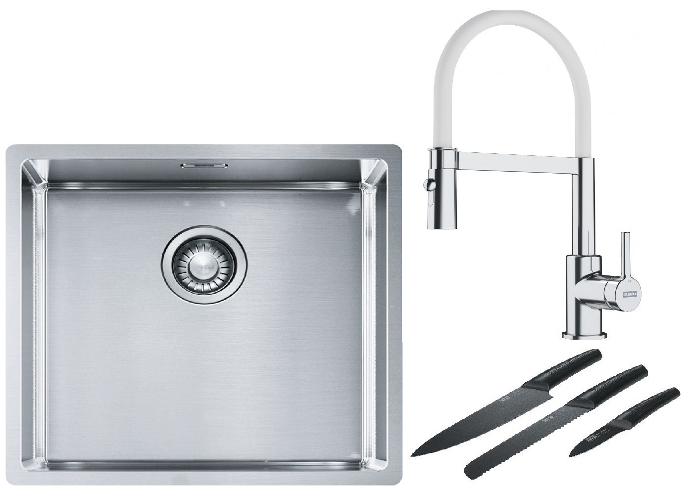 Franke Box BXX 210/110-45 zlewozmywak 49x45 cm stalowy z baterią kuchenną Lina chrom/biały i zestawem noży kuchennych (1270453655, ...