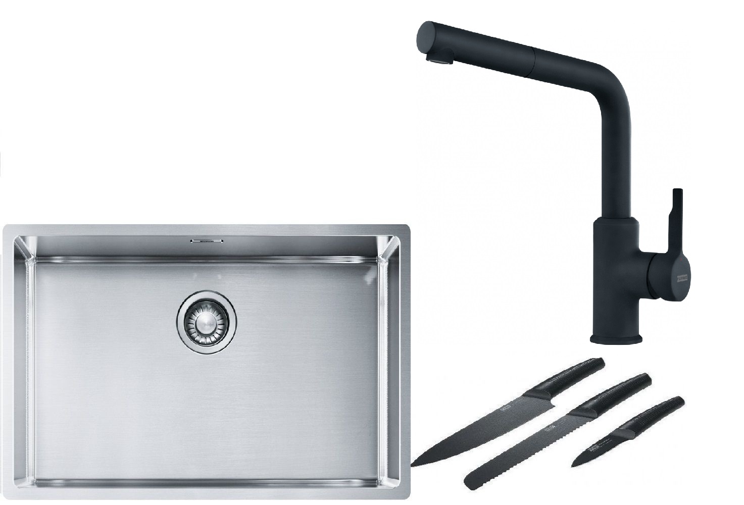 Franke Box BXX 210/110-68 zlewozmywak 72,5x45 cm stalowy z baterią kuchenną Urban czarny mat i zestawem noży kuchennych (1270453658, ...