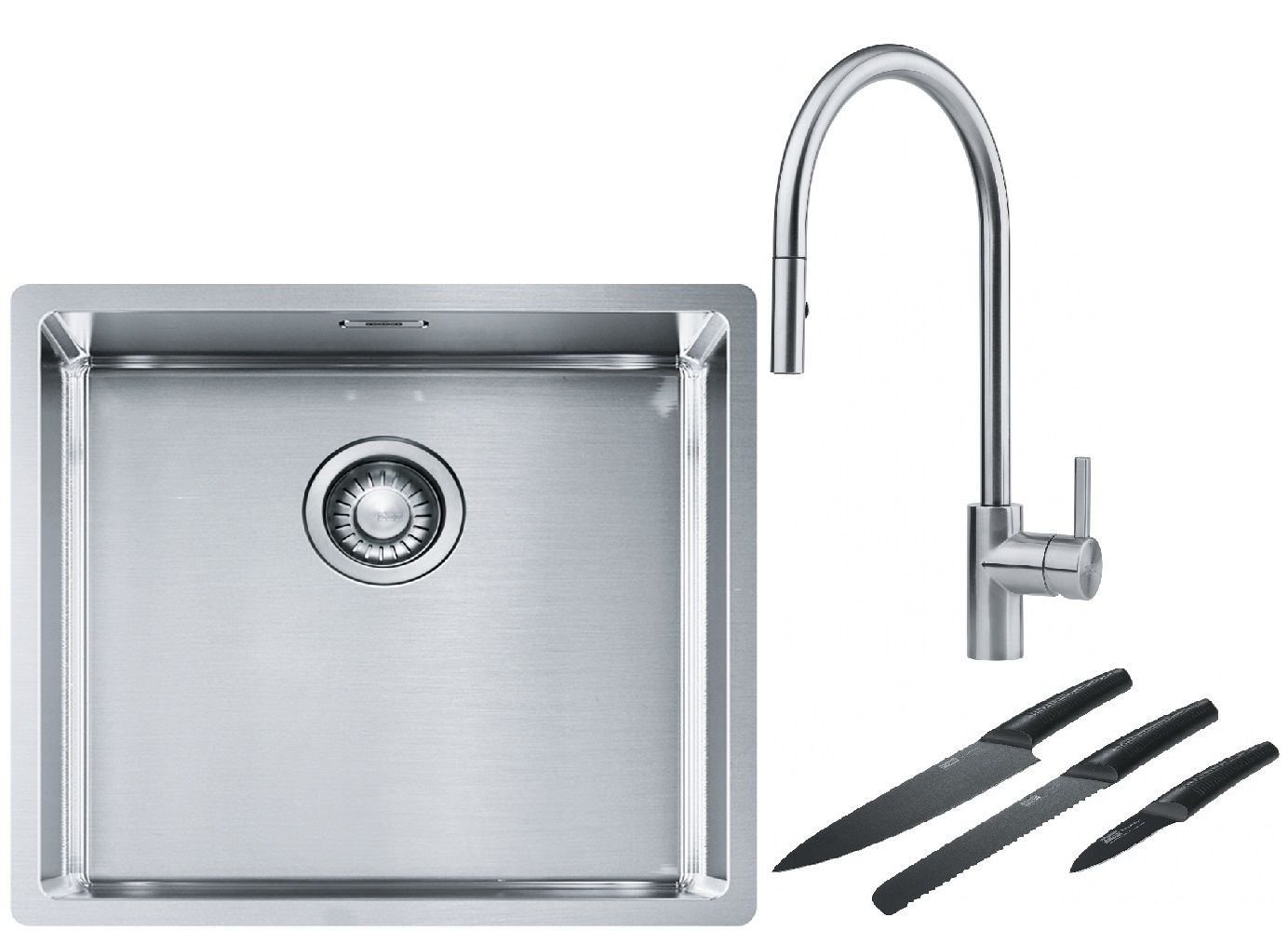 Franke Box BXX 210/110-45 zlewozmywak 49x45 cm stalowy z baterią kuchenną Eos stal szlachetna i zestawem noży kuchennych (1270453655, ...