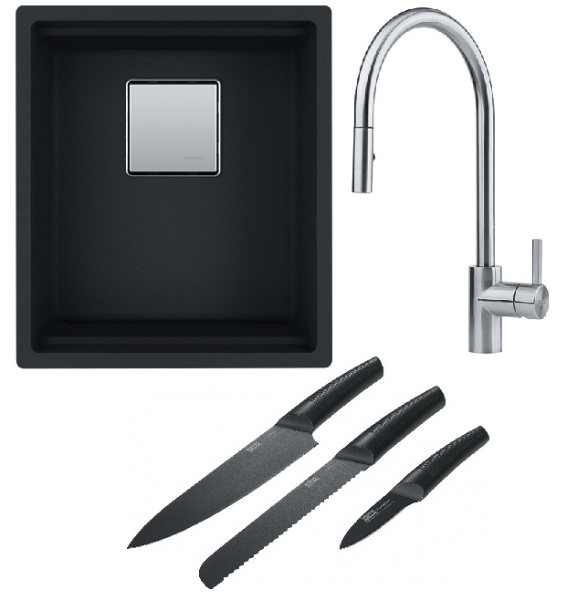 Franke Kanon KNG 110-37 zlewozmywak 37x42 cm z Fragranite czarny mat z baterią kuchenną Eos Neo stal szlachetna i zestawem noży ... - Wysyłka w 24h