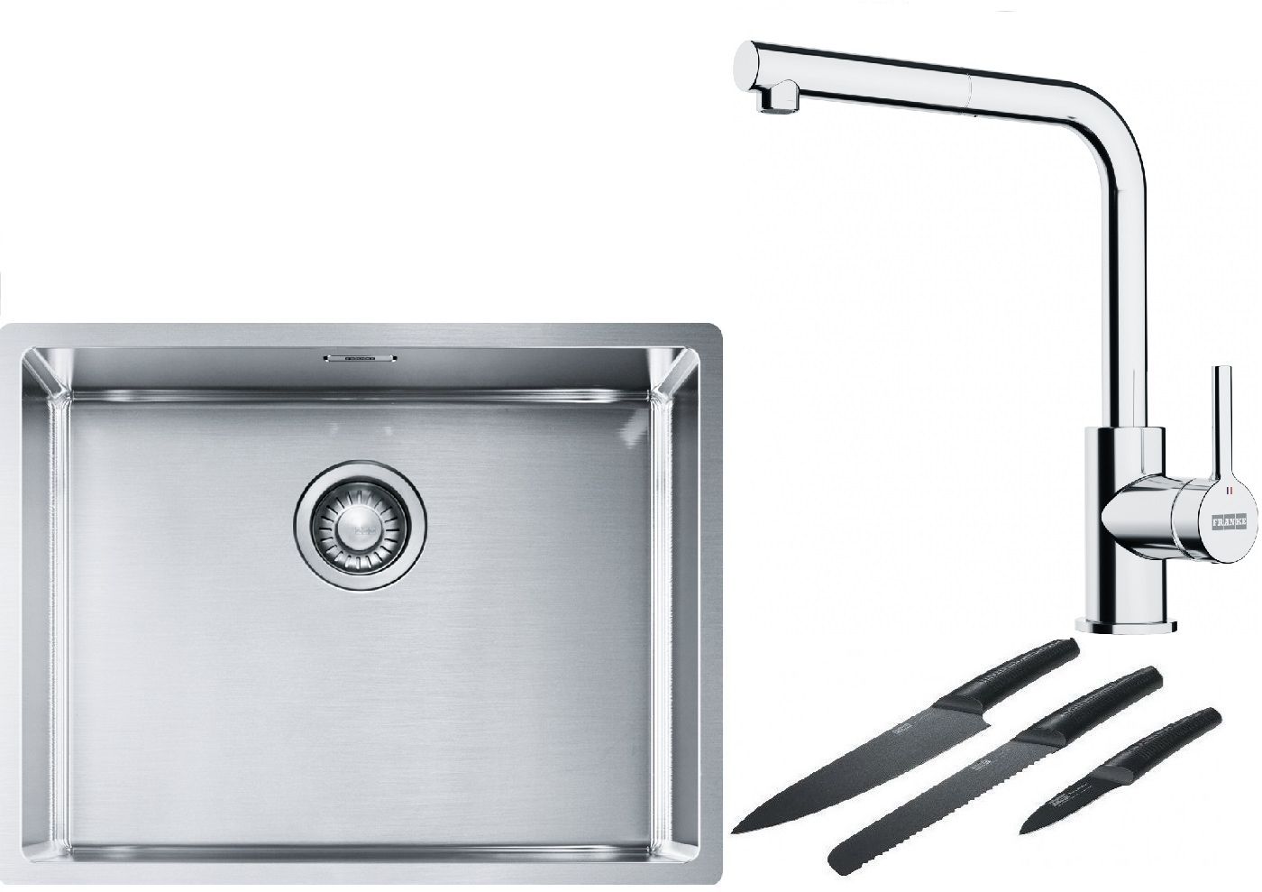 Franke Box BXX 110-54/ BXX 210-54 zlewozmywak 58x45 cm stalowy z baterią kuchenną Lina chrom i zestawem noży kuchennych (1270453660, ...