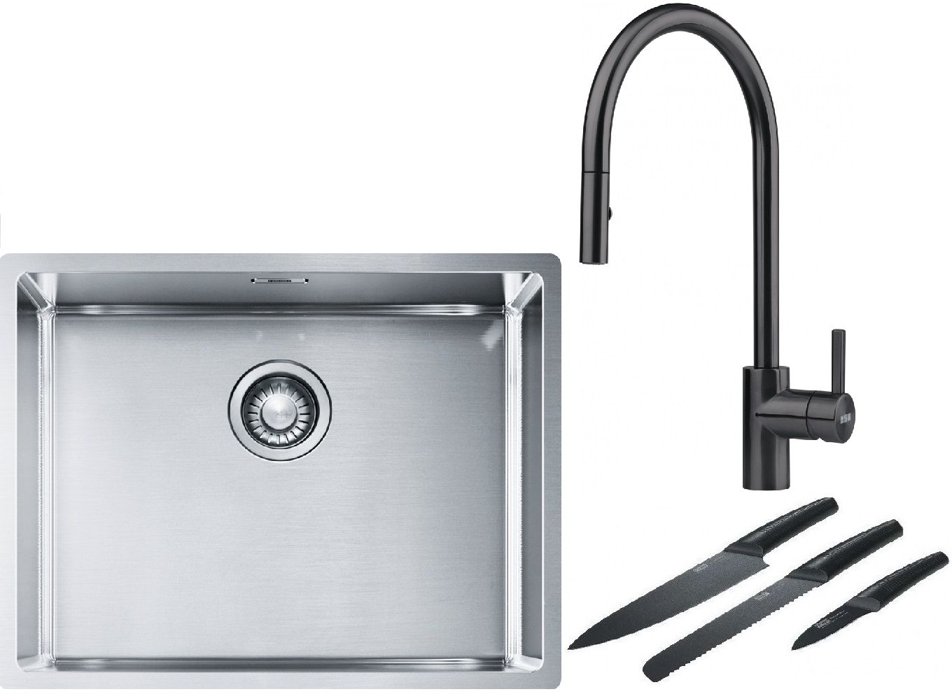 Franke Box BXX 110-54/ BXX 210-54 zlewozmywak 58x45 cm stalowy z baterią kuchenną Eos czarna stal szlachetna i zestawem noży kuchennych ... - Wysyłka 