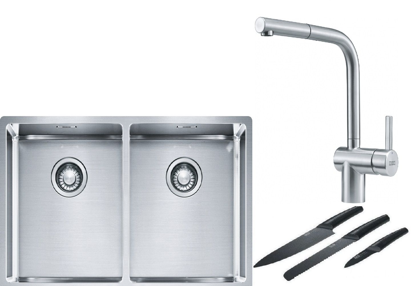 Franke Box BXX 220/120 34-34 zlewozmywak 74x45 cm stalowy z baterią kuchenną Atlas stal szlachetna i zestawem noży kuchennych ...