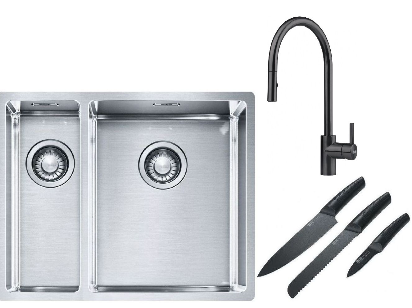 Franke Box BXX 260/160-34-16 zlewozmywak 56x45 cm stalowy z baterią kuchenną Eos czarna stal szlachetna i zestawem noży kuchennych ... - Wysyłka w 24h