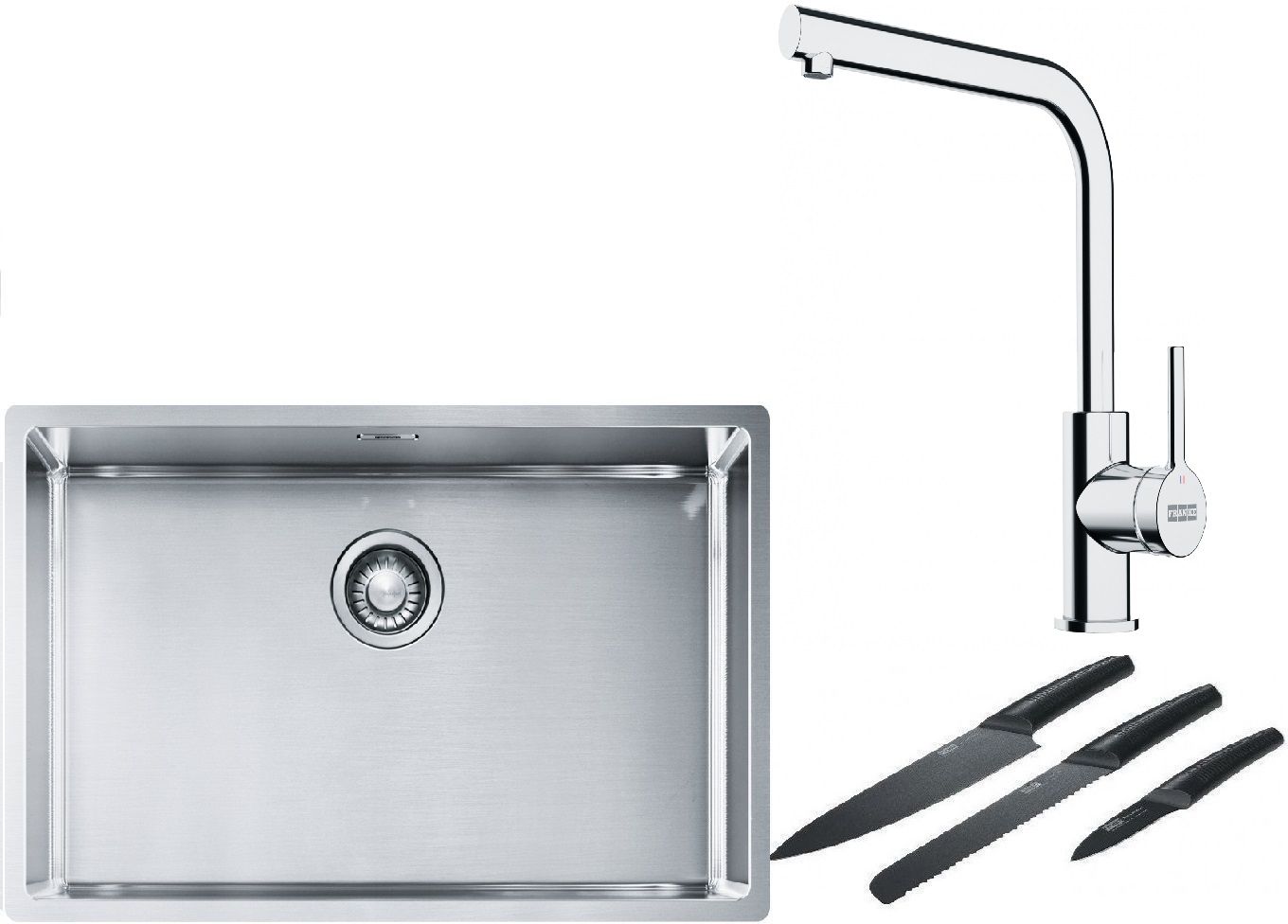 Franke Box BXX 210/110-68 zlewozmywak 72,5x45 cm stalowy z baterią kuchenną Lina chrom i zestawem noży kuchennych (1270453658, ...
