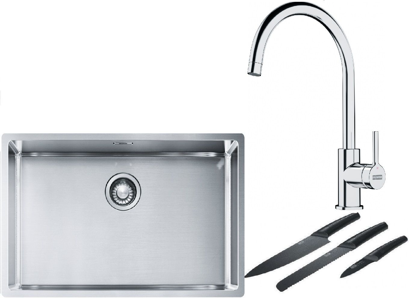 Franke Box BXX 210/110-68 zlewozmywak 72,5x45 cm stalowy z baterią kuchenną Lina chrom i zestawem noży kuchennych (1270453658, ...