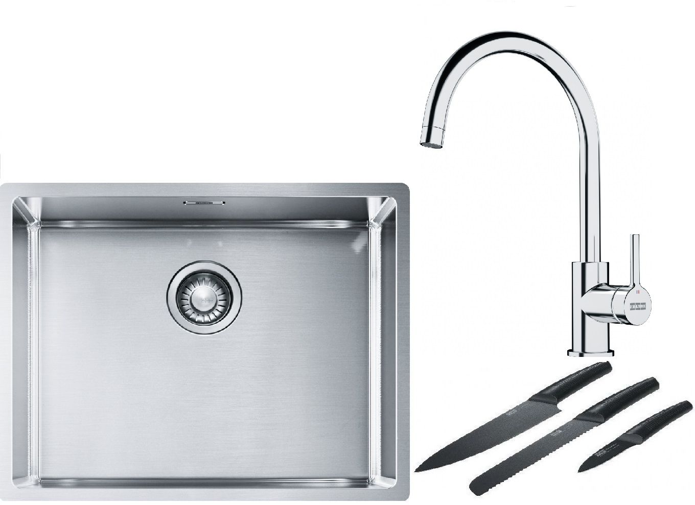 Franke Box BXX 110-54/ BXX 210-54 zlewozmywak 58x45 cm stalowy z baterią kuchenną Lina chrom i zestawem noży kuchennych (1270453660, ...