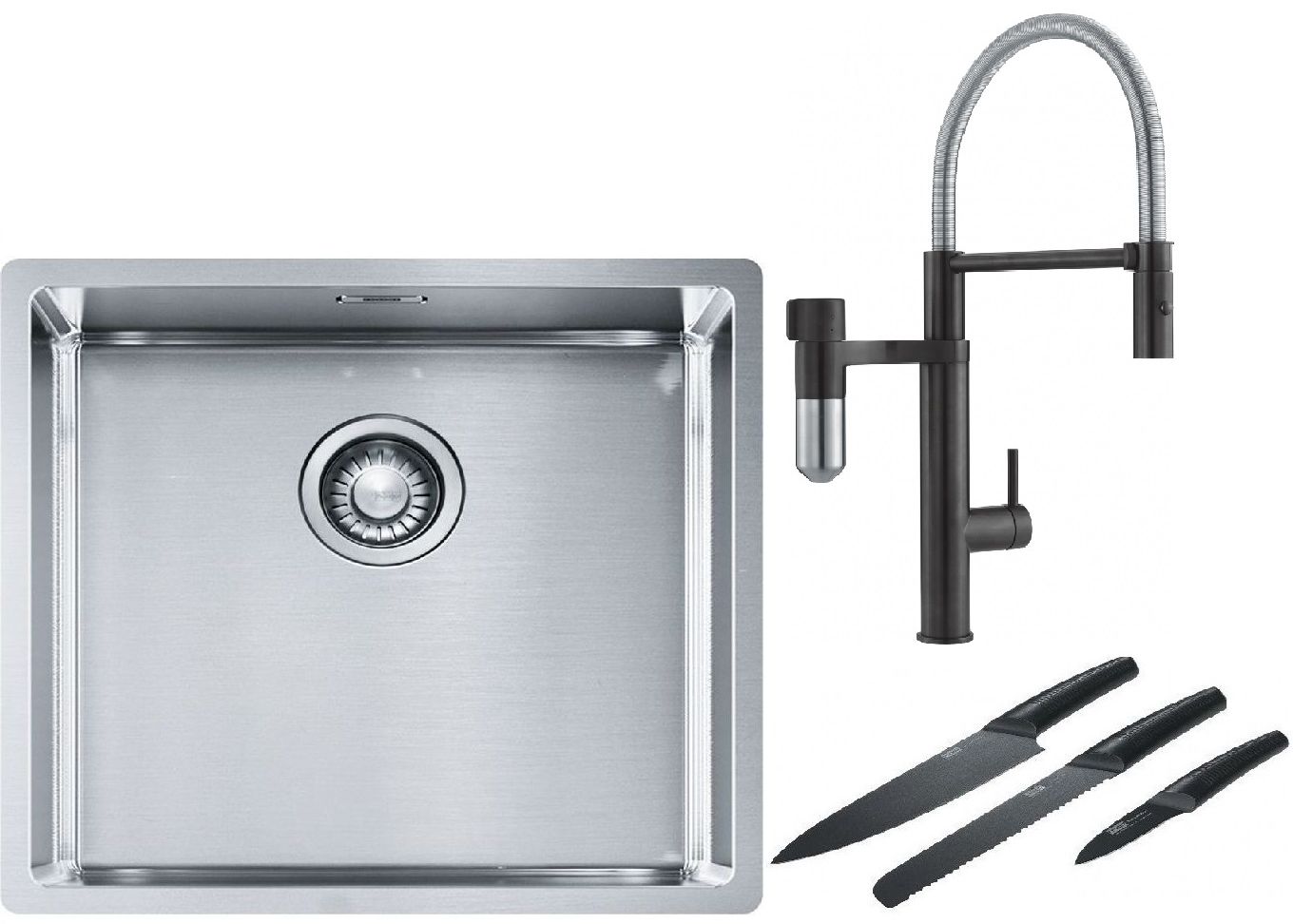 Franke Box BXX 210/110-45 zlewozmywak 49x45 cm stalowy z baterią kuchenną Vital Semi-Pro czarny mat/stal i zestawem noży kuchennych ...