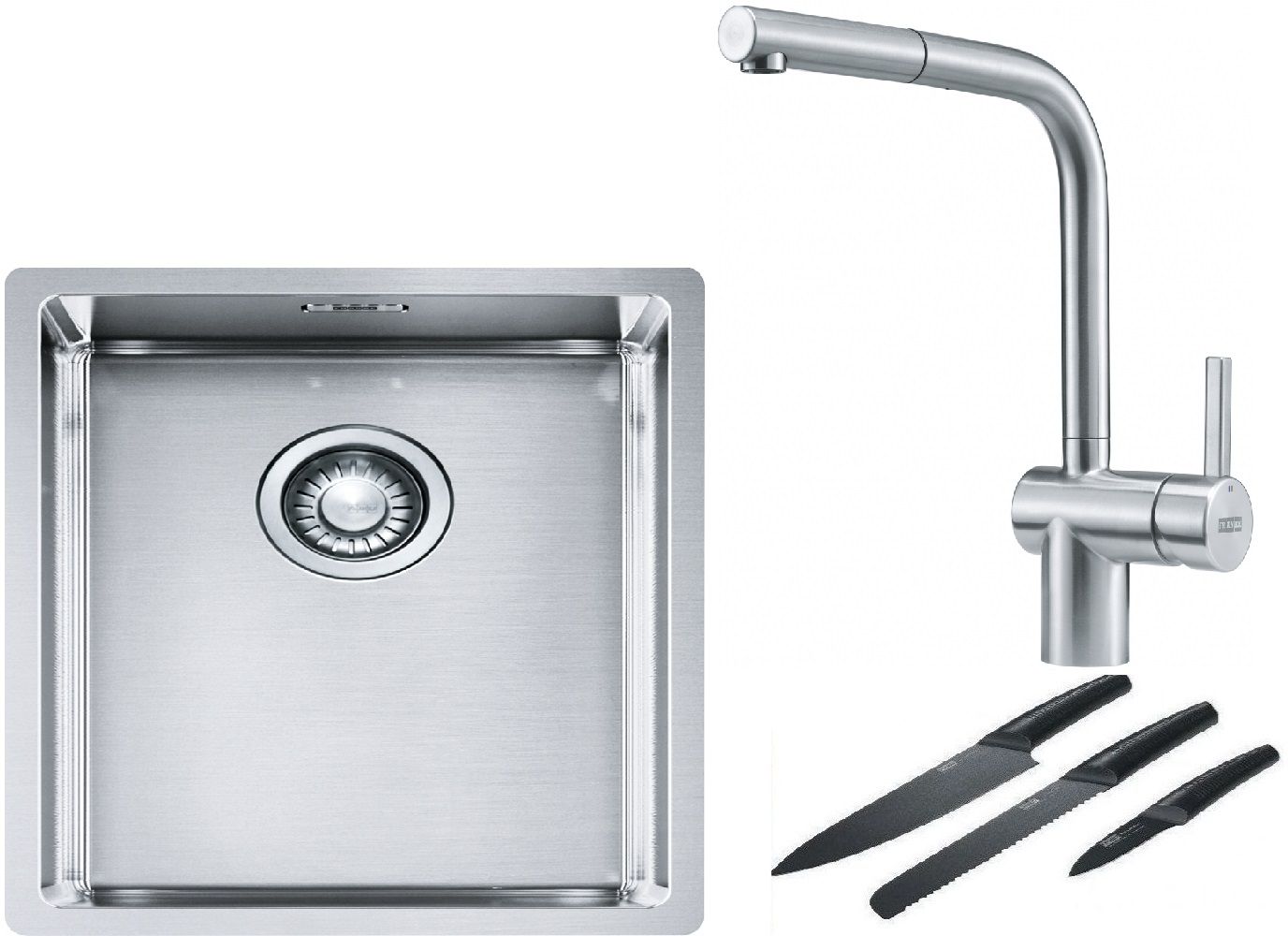 Franke Box BXX 210/110-34 zlewozmywak 38x45 cm stalowy z baterią kuchenną Atlas stal szlachetna i zestawem noży kuchennych (1270453653, ...