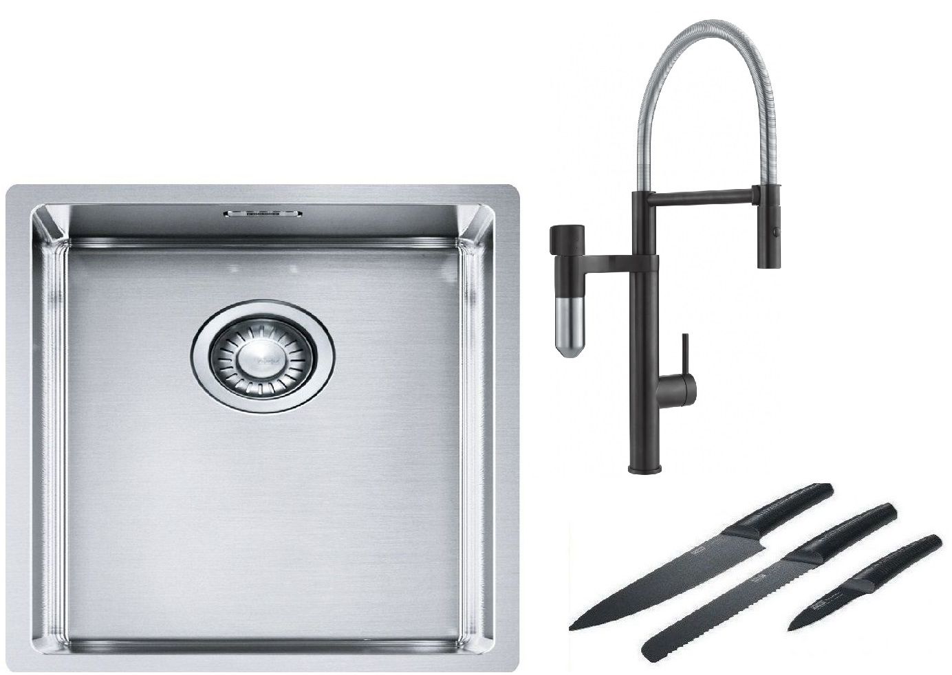 Franke Box BXX 210/110-34 zlewozmywak 38x45 cm stalowy z baterią kuchenną Vital Semi-Pro czarny mat/stal i zestawem noży kuchennych ...