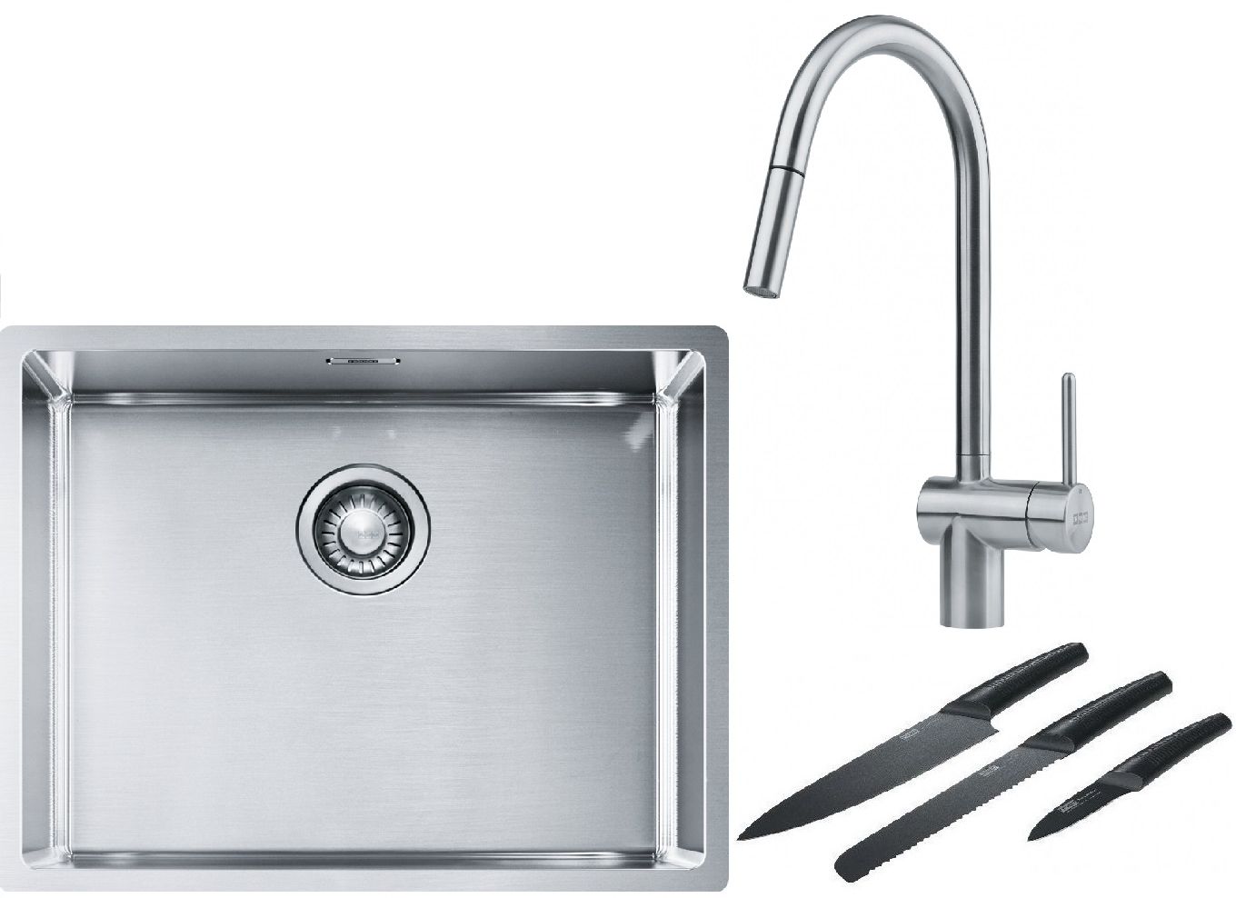 Franke Box BXX 110-54/ BXX 210-54 zlewozmywak 58x45 cm stalowy z baterią kuchenną Leda Neo stal szlachetna i zestawem noży kuchennych ... - Wysyłka w 