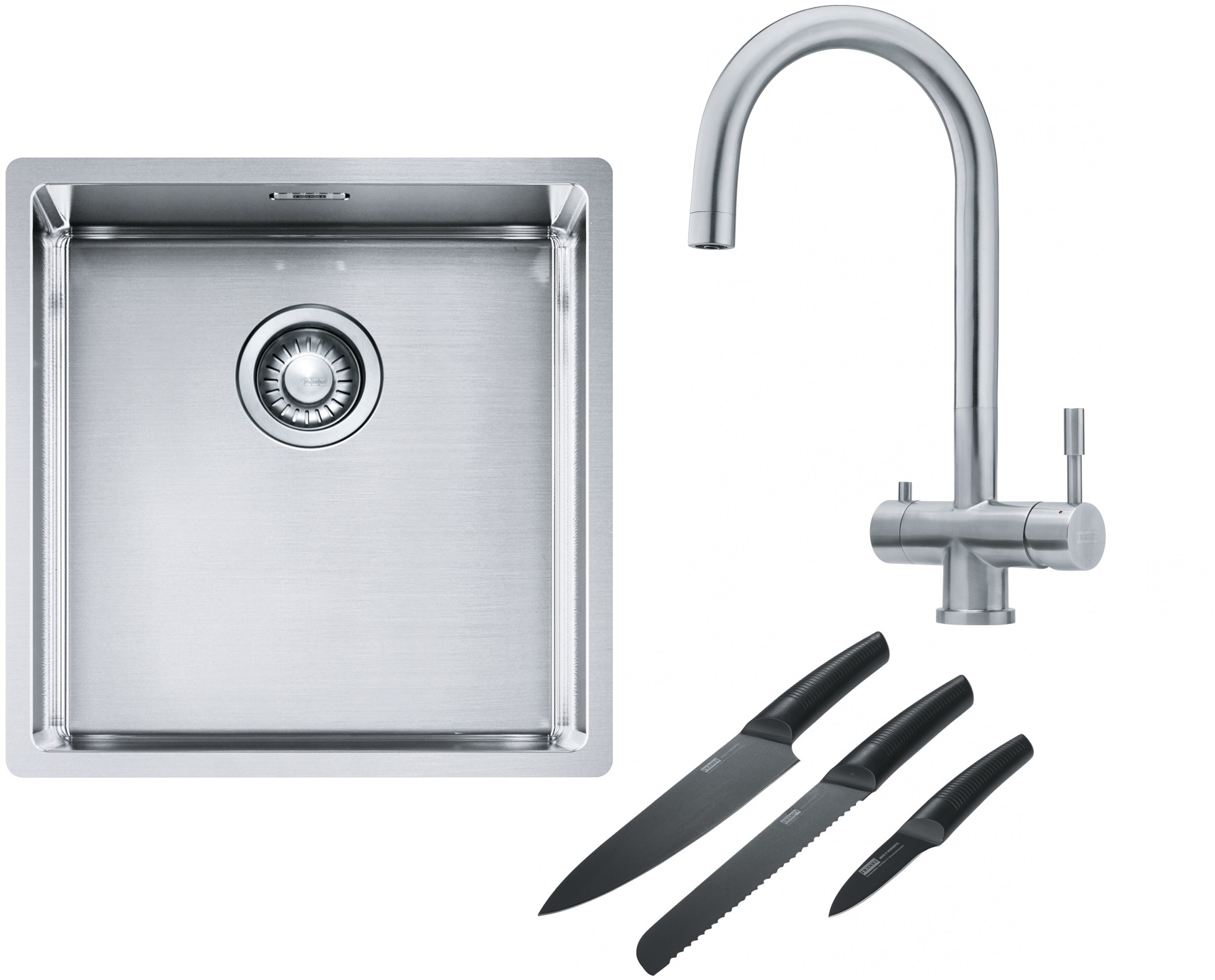 Franke Box BXX 210/110-40 zlewozmywak 45x44 cm stalowy z baterią kuchenną Eos stal szlachetna i zestawem noży kuchennych (1270453654, ...