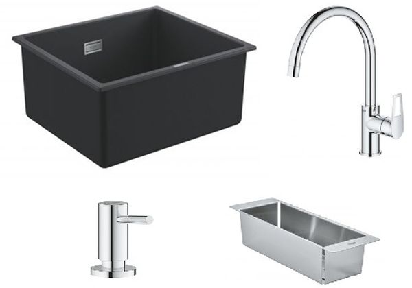 Zestaw Grohe K700 zlewozmywak granitowy czarny z baterią kuchenną Bauloop z dozownikiem i wkładką ociekową stal (31653AP0, 31368001, ...