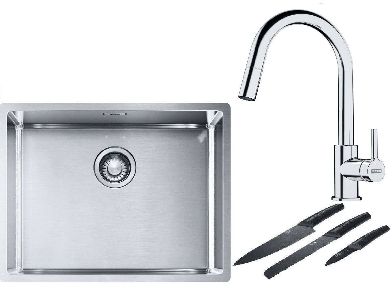 Franke Box BXX 110-54/ BXX 210-54 zlewozmywak 58x45 cm stalowy z baterią kuchenną Lina chrom i zestawem noży kuchennych (1270453660, ...