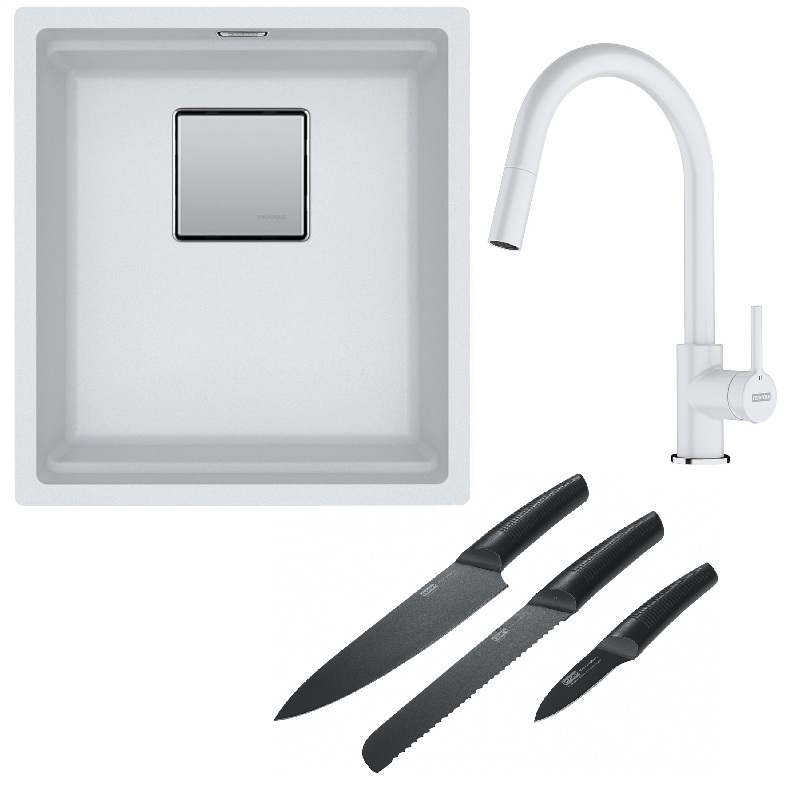 Franke Kanon KNG 110-37 zlewozmywak 37x42 cm Fragranite biały polarny z baterią kuchenną Lina Pull-Out biały polarny i zestawem noży ...