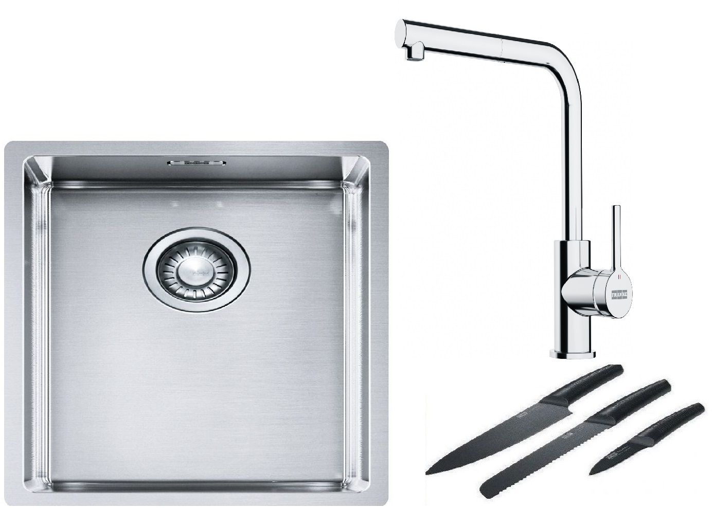 Franke Box BXX 210/110-34 zlewozmywak 38x45 cm stalowy z baterią kuchenną Lina chrom i zestawem noży kuchennych (1270453653, 1150712420, ...