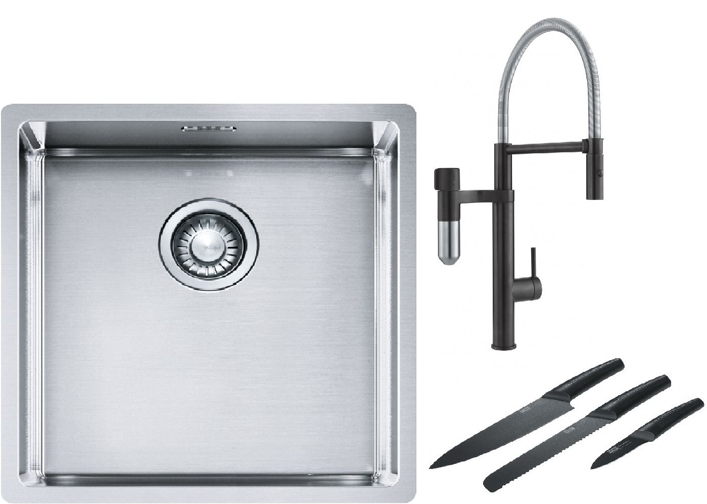 Franke Box BXX 210/110-40 zlewozmywak 45x44 cm stalowy z baterią kuchenną Vital Semi-Pro czarny mat/stal i zestawem noży kuchennych ...