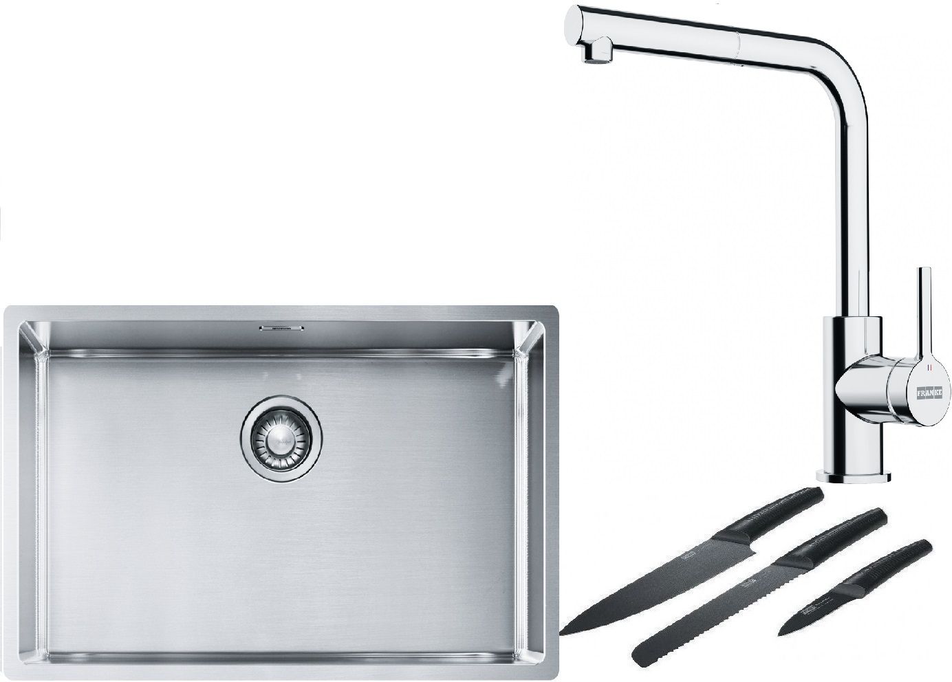 Franke Box BXX 210/110-68 zlewozmywak 72,5x45 cm stalowy z baterią kuchenną Lina chrom i zestawem noży kuchennych (1270453658, ...