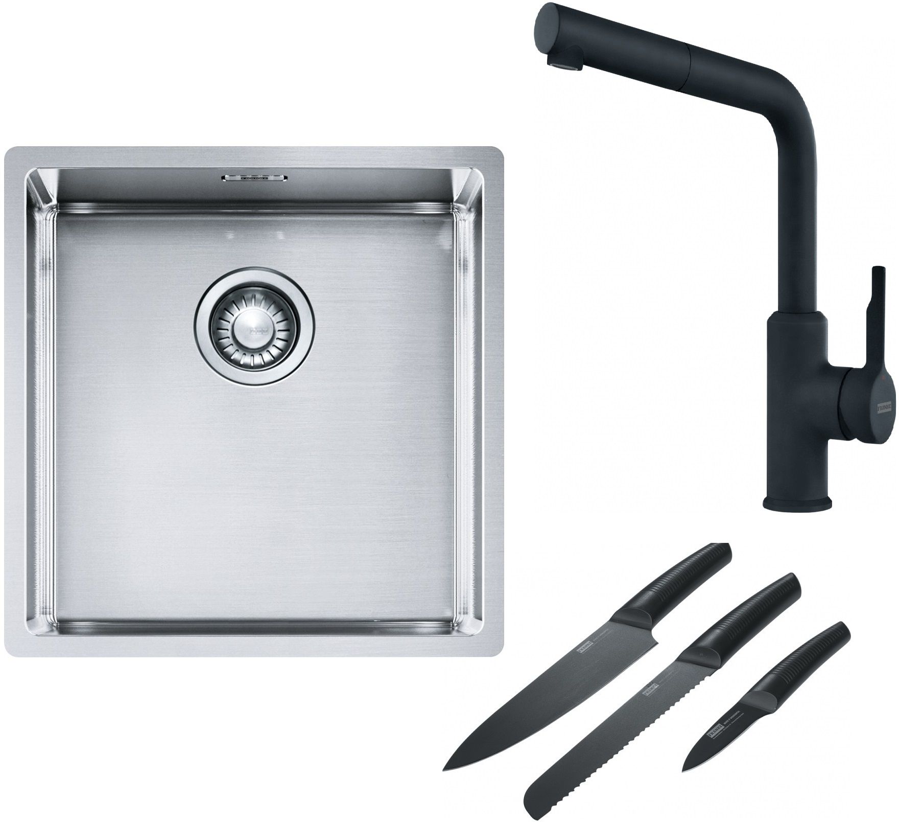 Franke Box BXX 210/110-40 zlewozmywak 45x44 cm stalowy z baterią kuchenną Urban czarny mat i zestawem noży kuchennych (1270453654, ...