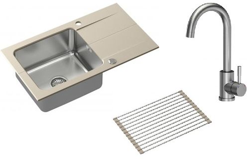 Zestaw Quadron Edward 111 zlewozmywak 78x44 cm beż/stal z baterią Kate i matą ociekową (FUSE7844BE3623500BS, R3825BEMP) - Wysyłka w 24h