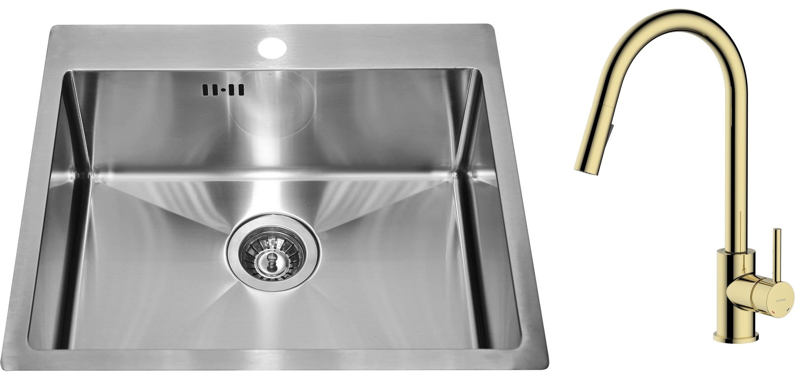 Zestaw Genesis Concept 10 zlewozmywak stalowy 54x48 cm z baterią kuchenną Oltens Litla satyna/złoty połysk (1124382, 35204800) - Wysyłka w 24h