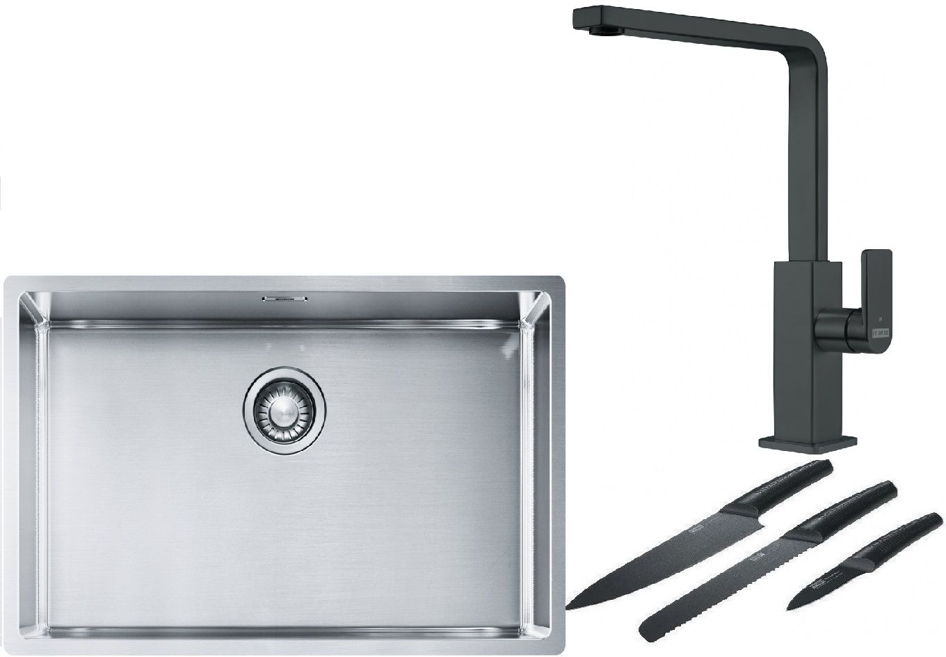 Franke Box BXX 210/110-68 zlewozmywak 72,5x45 cm stalowy z baterią kuchenną Mythos czarna stal szlachetna i zestawem noży kuchennych ... - Wysyłka w 