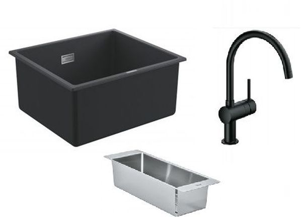 Zestaw Grohe K700 zlewozmywak granitowy czarny z baterią kuchenną Minta i wkładką ociekową stal (31653AP0, 32917KS0, 40852SD0)