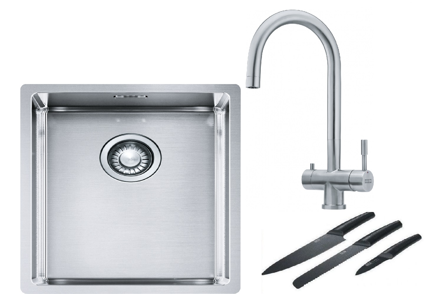 Franke Box BXX 210/110-34 zlewozmywak 38x45 cm stalowy z baterią kuchenną Eos stal szlachetna i zestawem noży kuchennych (1270453653, ...