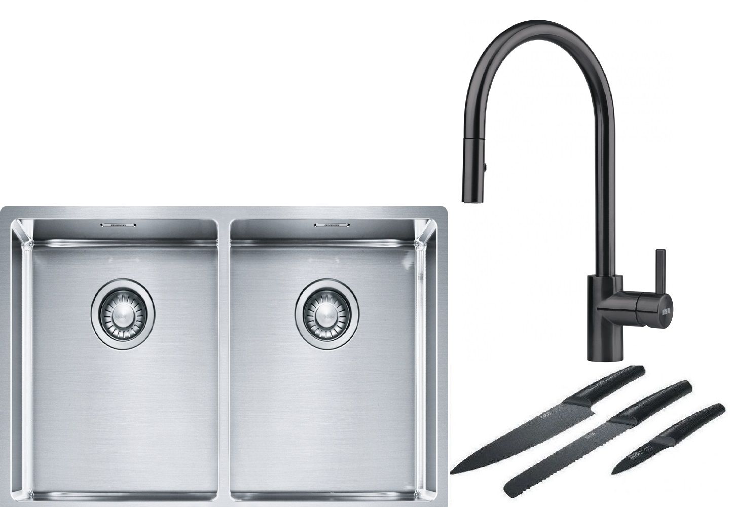 Franke Box BXX 220/120 34-34 zlewozmywak 74x45 cm stalowy z baterią kuchenną Eos czarna stal szlachetna i zestawem noży kuchennych ... - Wysyłka w 24h