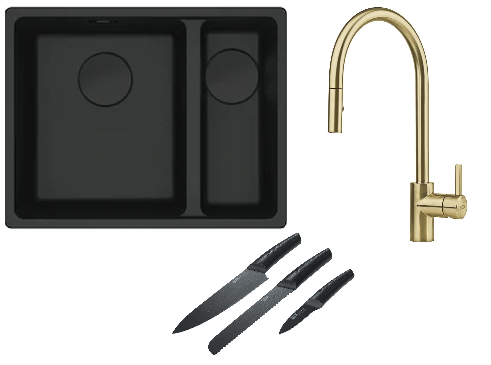 Franke Maris MRG 160-34-15SBR zlewozmywak 52x40 cm Fragranite czarny mat z baterią kuchenną Eos Neo M Pull-Out Spray złotą i zestawem ...