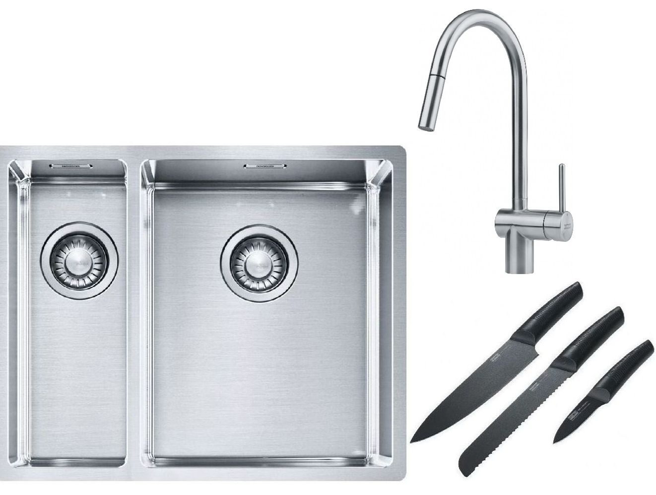 Franke Box BXX 260/160-34-16 zlewozmywak 56x45 cm stalowy z baterią kuchenną Leda Neo stal szlachetna i zestawem noży kuchennych ... - Wysyłka w 24h
