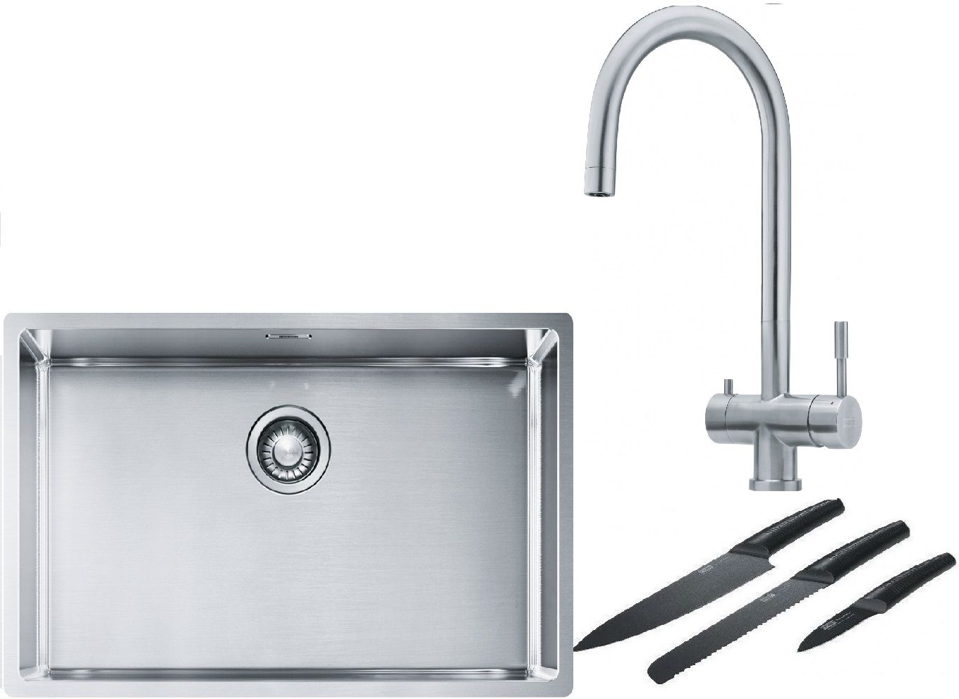 Franke Box BXX 210/110-68 zlewozmywak 72,5x45 cm stalowy z baterią kuchenną Eos stal szlachetna i zestawem noży kuchennych (1270453658, ...