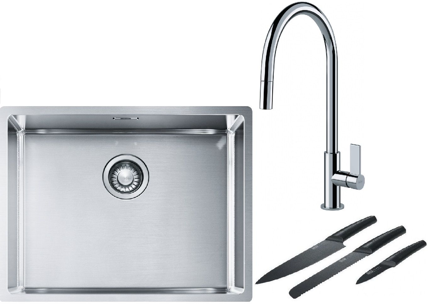 Franke Box BXX 110-54/ BXX 210-54 zlewozmywak 58x45 cm stalowy z baterią kuchenną Ambient chrom i zestawem noży kuchennych (1270453660, ...