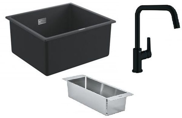 Zestaw Grohe K700 zlewozmywak granitowy czarny z baterią kuchenną Start i wkładką ociekową stal (304702430, 31653AP0, 40852SD0)