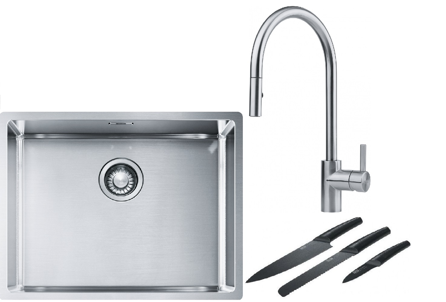 Franke Box BXX 110-54/ BXX 210-54 zlewozmywak 58x45 cm stalowy z baterią kuchenną Eos stal szlachetna i zestawem noży kuchennych ... - Wysyłka w 24h