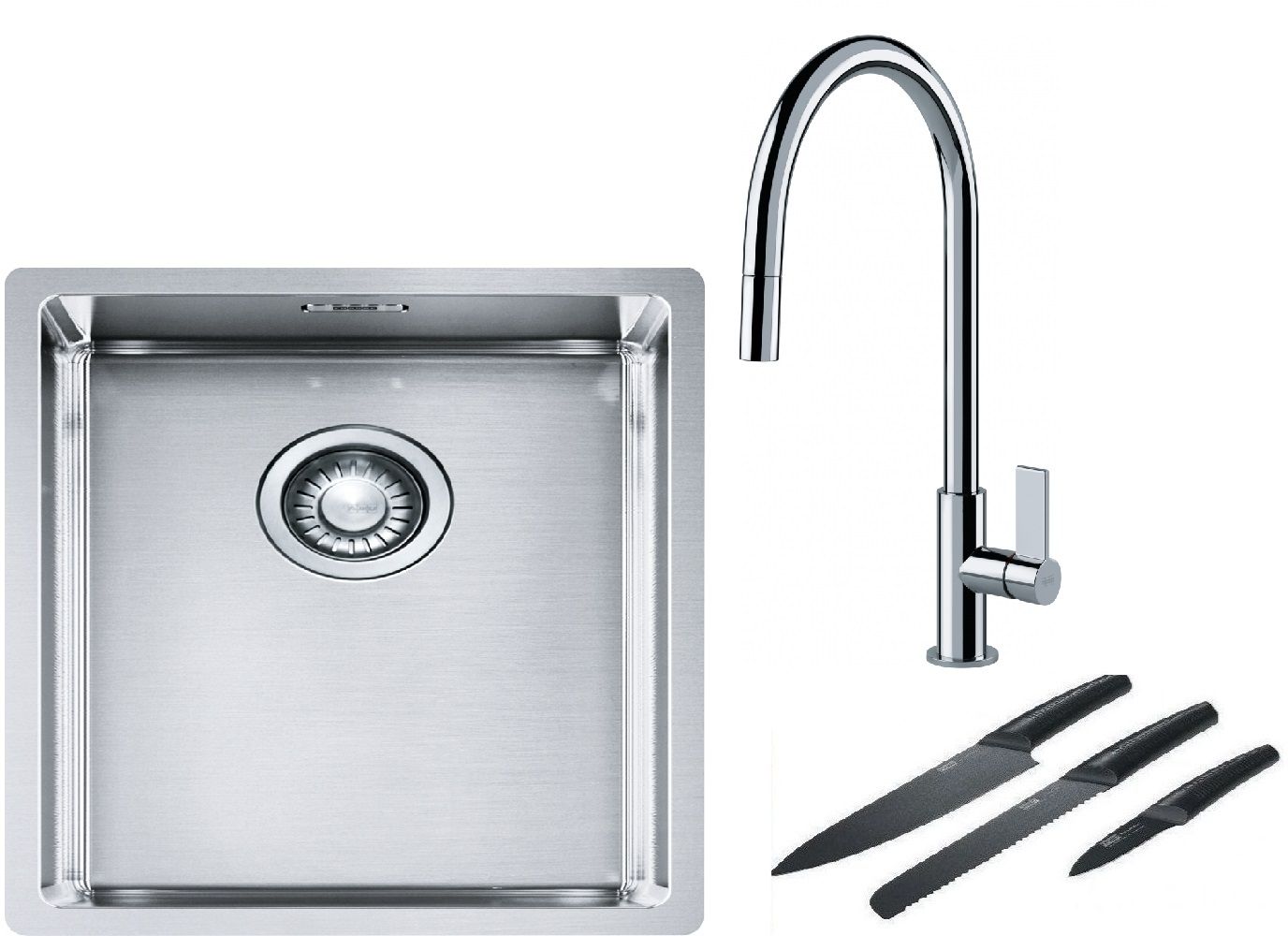 Franke Box BXX 210/110-34 zlewozmywak 38x45 cm stalowy z baterią kuchenną Ambient chrom i zestawem noży kuchennych (1270453653, ...