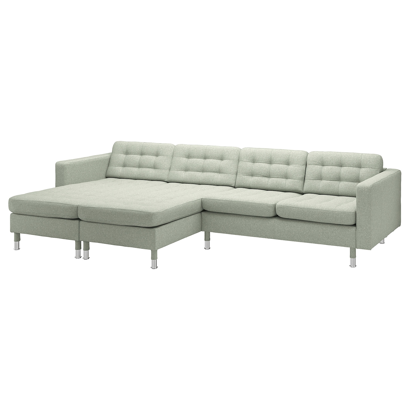 IKEA LANDSKRONA sofa 4 osobowa z szezlongiem, Gunnared jasnozielony/metal, Szerokość: 320 cm