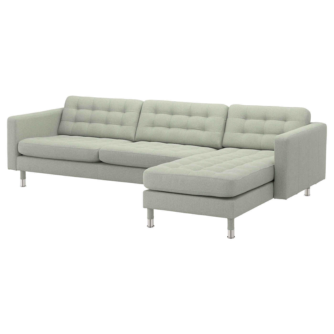 IKEA LANDSKRONA sofa 4-osobowa, z szezlongiem/Gunnared jasnozielony/metal, Głębokość szezlonga: 158 cm